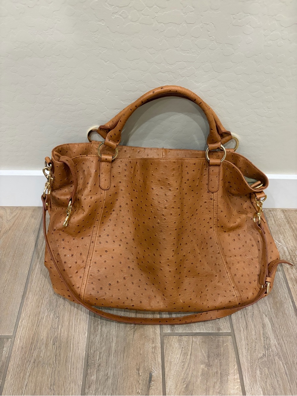 GILI Got To Love It ostrich-embossed brown leather hobo bag Tote travel size